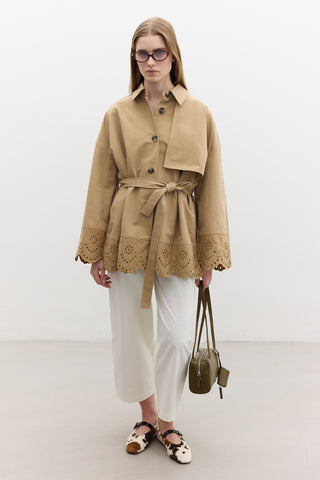 Embroidered Detail Statement Trench Coat Camel