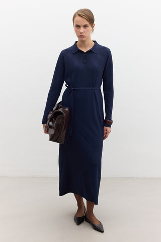 Collared Knit Dress Navy Blue