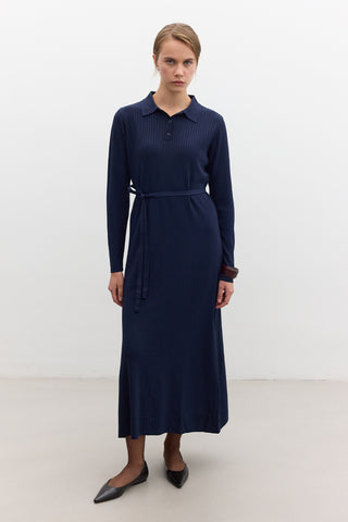 Collared Knit Dress Navy Blue