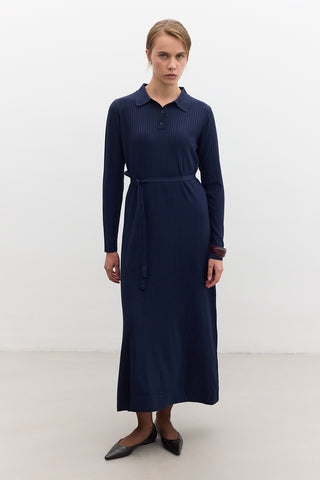 Collared Knit Dress Navy Blue