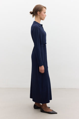 Collared Knit Dress Navy Blue