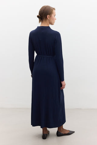 Collared Knit Dress Navy Blue