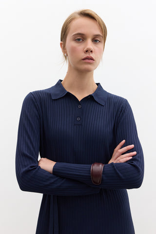 Collared Knit Dress Navy Blue