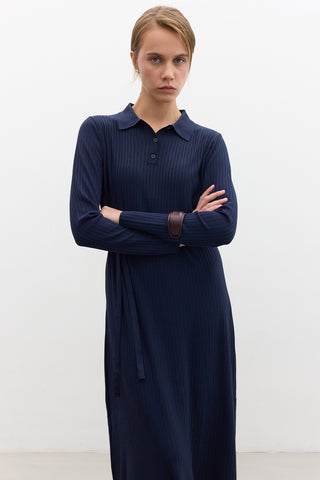 Collared Knit Dress Navy Blue