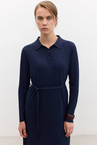 Collared Knit Dress Navy Blue