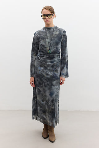 Patterned Wide-Sleeve Tulle Dress Tie Dye Green