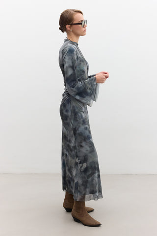 Patterned Wide-Sleeve Tulle Dress Tie Dye Green