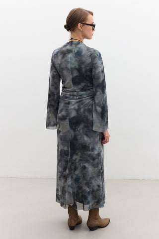 Patterned Wide-Sleeve Tulle Dress Tie Dye Green