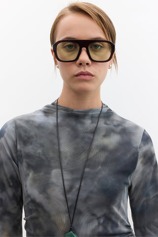 Patterned Wide-Sleeve Tulle Dress Tie Dye Green