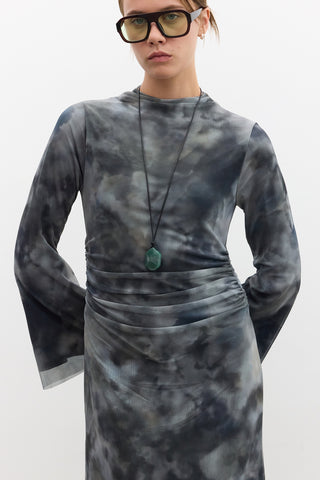 Patterned Wide-Sleeve Tulle Dress Tie Dye Green