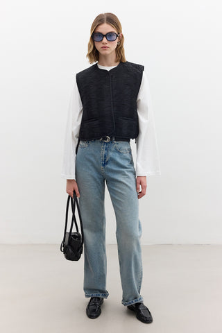 Quilted Embroidered Vest Black