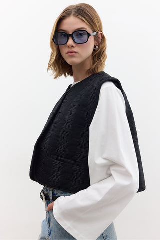 Quilted Embroidered Vest Black