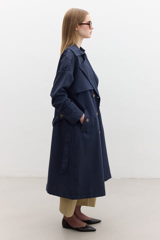 Double-Breasted Trench Coat With Buttons Navy Blue