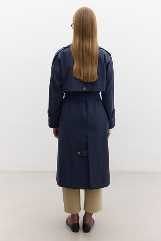 Double-Breasted Trench Coat With Buttons Navy Blue