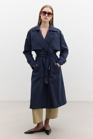 Double-Breasted Trench Coat With Buttons Navy Blue