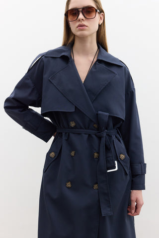 Double-Breasted Trench Coat With Buttons Navy Blue