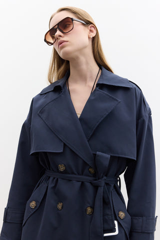 Double-Breasted Trench Coat With Buttons Navy Blue