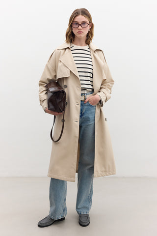Double-Breasted Trench Coat With Buttons Beige