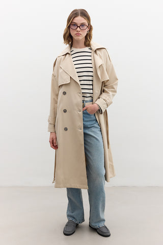 Double-Breasted Trench Coat With Buttons Beige