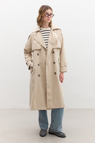 Double-Breasted Trench Coat With Buttons Beige