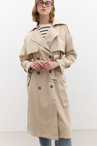 Double-Breasted Trench Coat With Buttons Beige