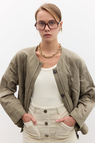 Buttoned Short Quilted Jacket Green