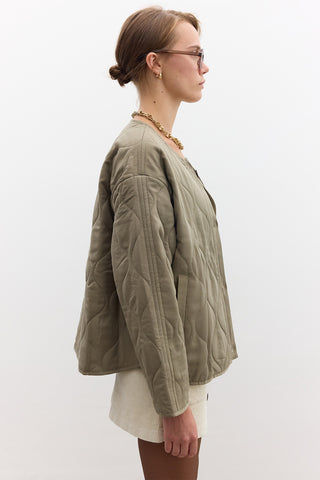 Buttoned Short Quilted Jacket Green