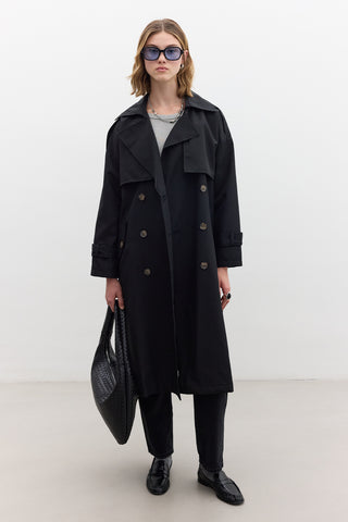 Double-Breasted Trench Coat With Buttons Black