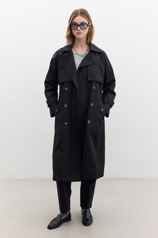 Double-Breasted Trench Coat With Buttons Black