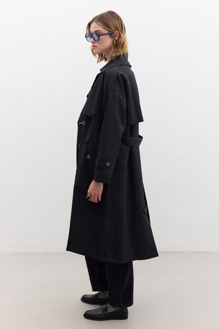 Double-Breasted Trench Coat With Buttons Black