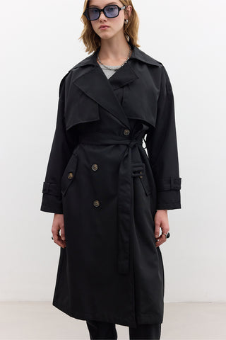 Double-Breasted Trench Coat With Buttons Black