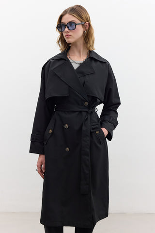 Double-Breasted Trench Coat With Buttons Black