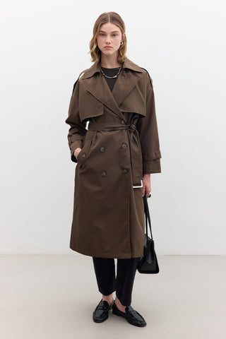 Double-Breasted Trench Coat With Buttons Dark Brown