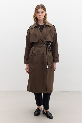 Double-Breasted Trench Coat With Buttons Dark Brown