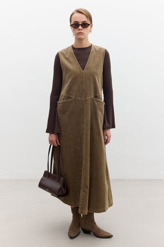 Corduroy Pinafore Dress Camel