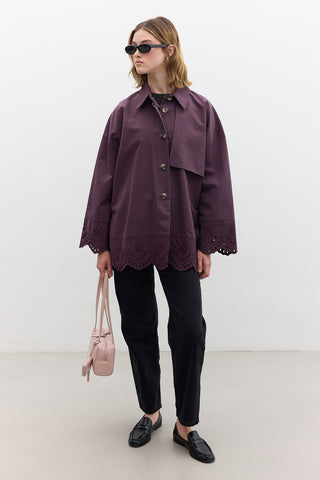 Embroidered Detail Statement Trench Coat Damson