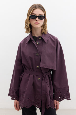 Embroidered Detail Statement Trench Coat Damson