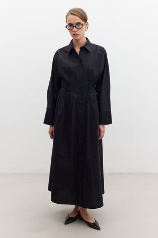 Pleated Detail Shirt Dress Black