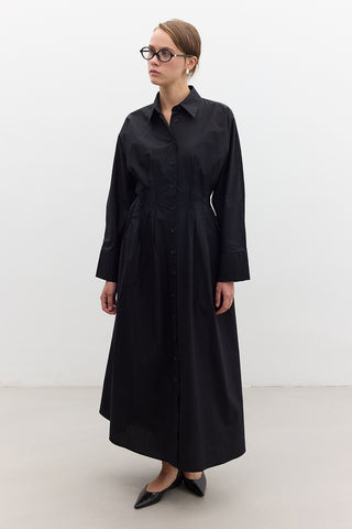 Pleated Detail Shirt Dress Black