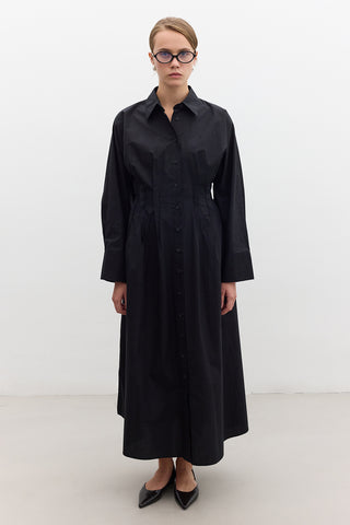 Pleated Detail Shirt Dress Black