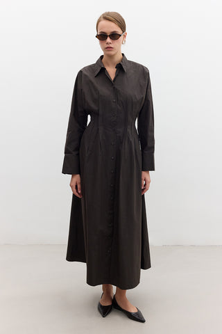 Pleated Detail Shirt Dress Chocolate