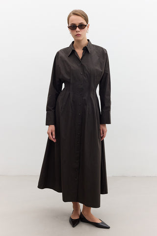 Pleated Detail Shirt Dress Chocolate