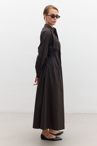Pleated Detail Shirt Dress Chocolate
