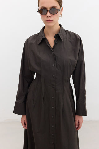 Pleated Detail Shirt Dress Chocolate
