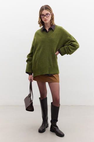 V Neck Knit Sweater Green