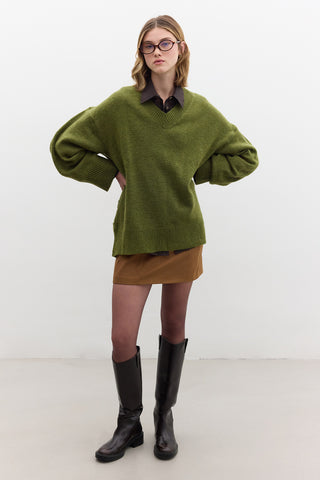 V Neck Knit Sweater Green