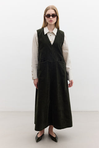 Corduroy Pinafore Dress Khaki