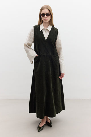 Corduroy Pinafore Dress Khaki