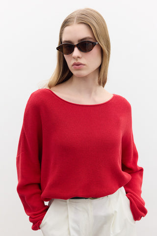 Oversized Draped Cotton Sweater Red