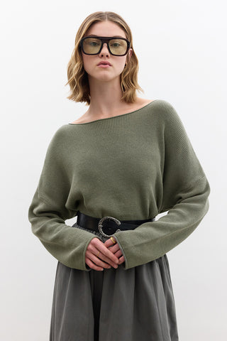 Oversized Draped Cotton Sweater Khaki